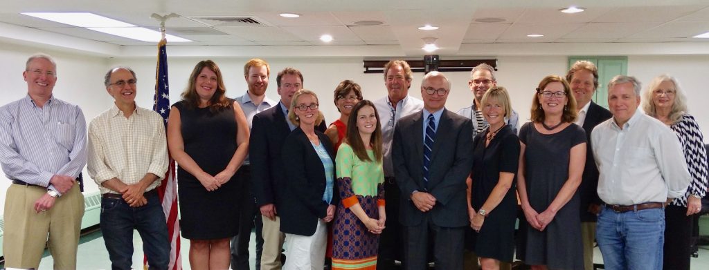 Democrats' 2017 local candidates, pictured with Ridgefield First Selectman Rudy Marconi (left to right): Arny DiLaura, Steve Saloom, Mary Dougherty, Joe Dowdell, Sean Connelly, Amanda Cordano, Amy Macartney Freidenrich, Carina Borgia-Drake, Joe Fossi, Rudy Marconi, Charles Robbins, Margaret Stamatis, Kathleen Holz, Mark Seavy, Doug Silver, Anne Cutter (not pictured: Temi Bova, Terry Bearden-Rettger, and Jeff Lundberg).